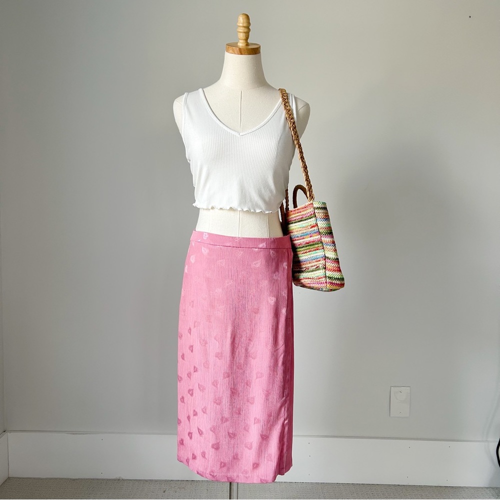 Pink Leaf Print Midi Skirt